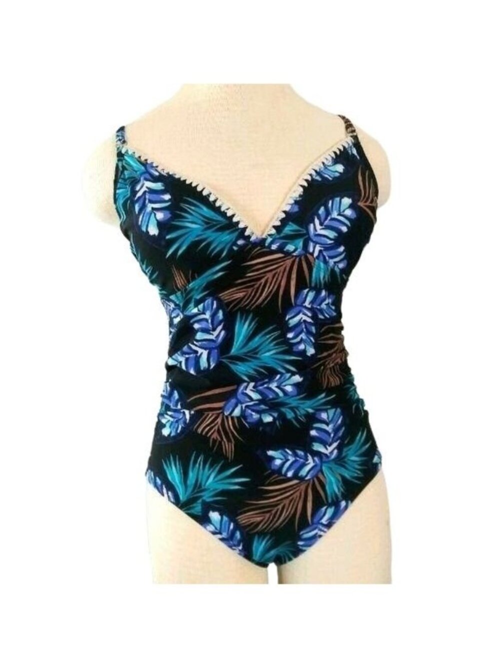 Merona Size Medium Swimsuit One-Piece Tropical Palm V-Neck Crochet Trim Details - Picture 2 of 8
